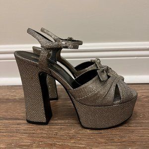 Saint Laurent Candy 80 Bow Sandal Chunky Heel Silver Diamond Sparkle Fabric